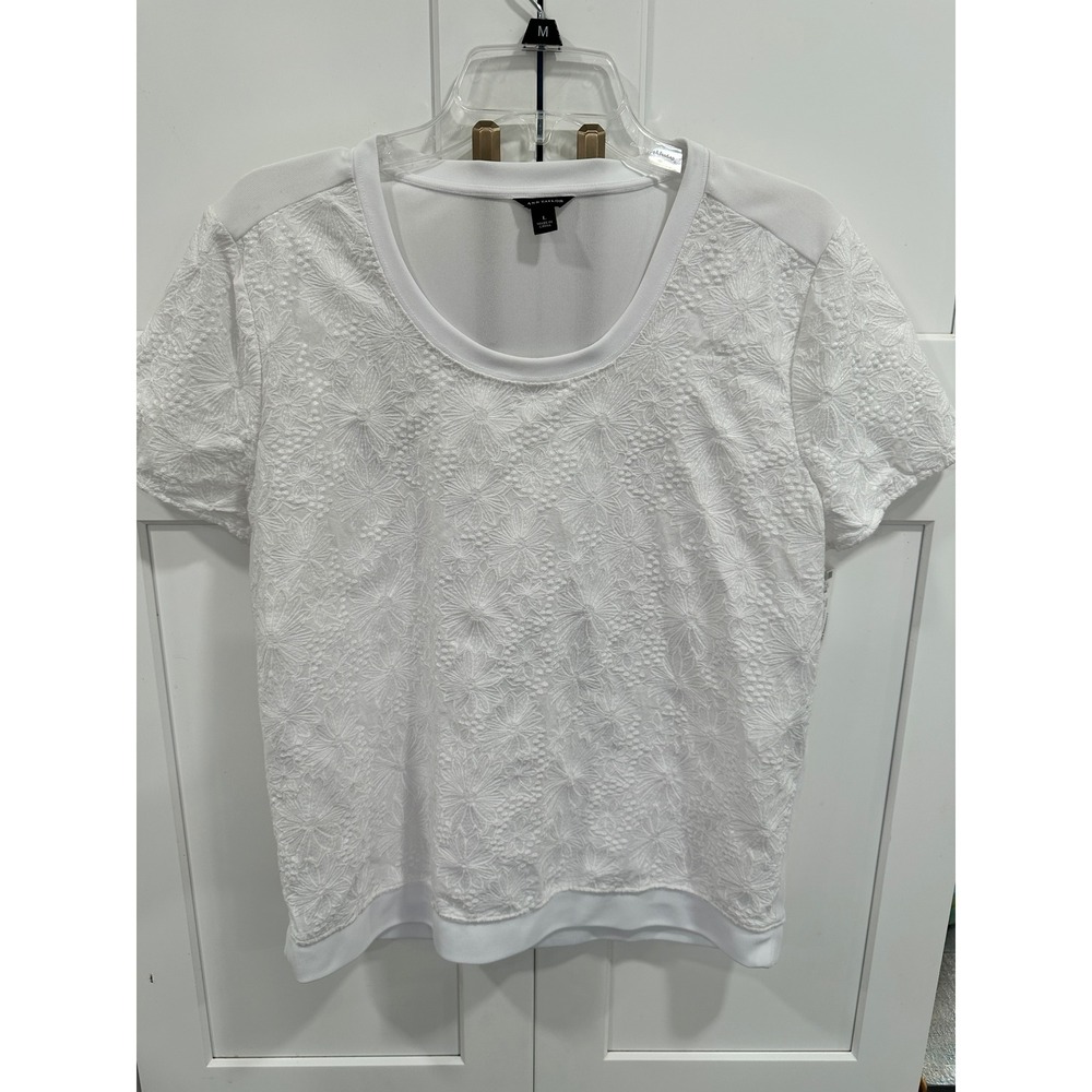 Ann Taylor White Floral Lace Embroidered Short Sleeve Scoop Neck Top Large